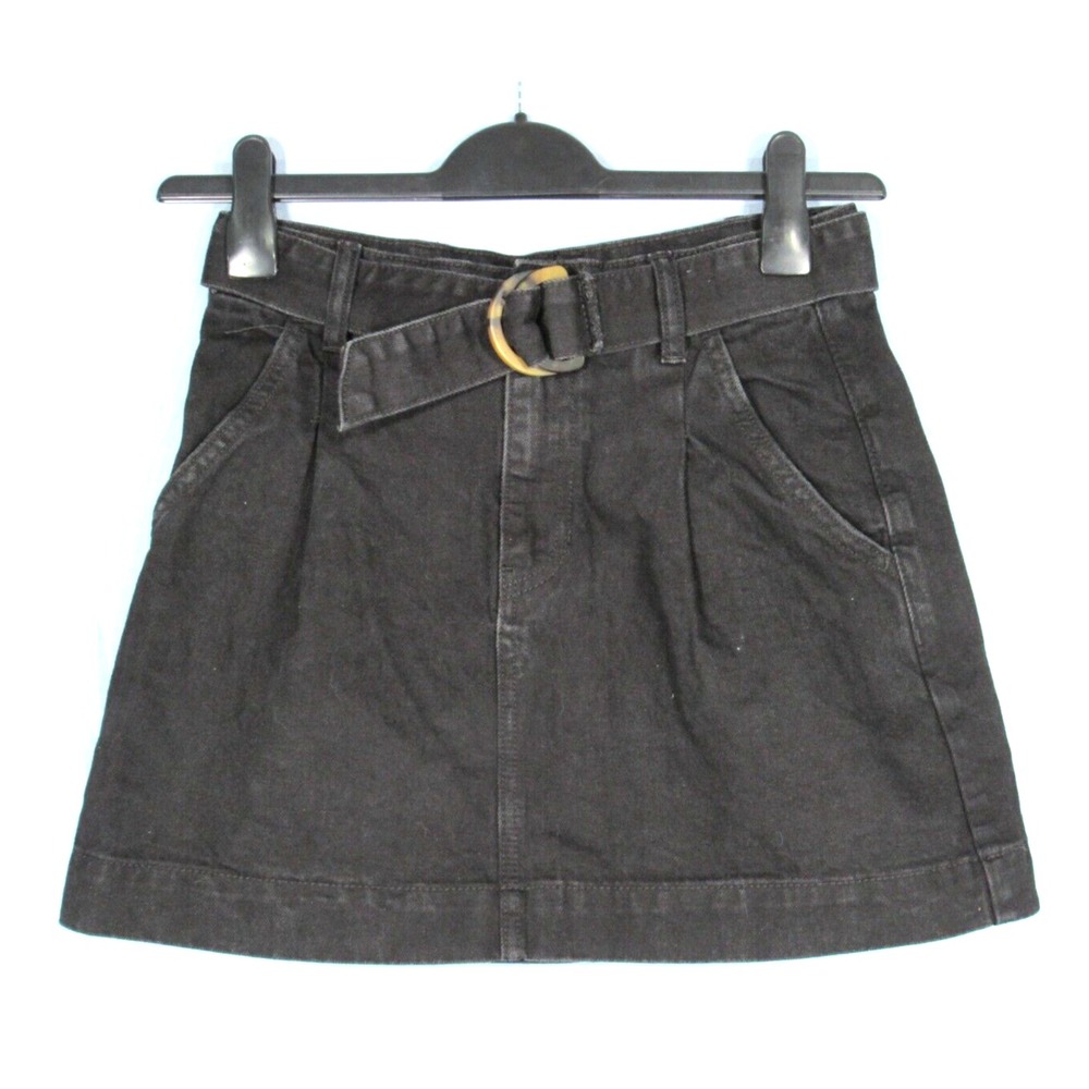 WE THE FREE PEOPLE Pleated Black Slouchy COTTON DENIM Belted MINI SKIRT Sz 25R